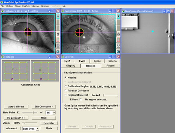 Figure 62. Screenshot. MPI system performance experiment—pupil location (left) and dot representing gaze direction overlaid on scene (right). The figure is a screenshot of the eye-tracker software. There are two images of eyes with the pupil highlighted in both images. Below the images of the eyes are various software configuration settings. To the left of the images of the eyes, also in the screenshot, is an image of a blue dot overlaid on a background.