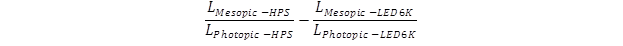 Figure 123. Equation. Formula for calculating the mesopic luminance difference between 2,100-K HPS and 6,000-K LED lighting. The mesopic target luminance under 2,100 K high-pressure sodium (HPS) lighting divided by the photopic target luminance under 2,100 K HPS lighting minus the mesopic target luminance under 6,000 K light-emitting diode (LED) lighting divided by the photopic target luminance under 6,000 K LED lighting.