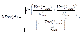 Figure 5. Equation. Standard deviation of index of effectiveness. The equation calculates standard deviation of theta as equal to the square root of theta squared times open parenthesis the sum of variance of pi subscript sum, divided by pi subscript sum squared plus the variance of lambda subscript sum divided by lambda subscript sum squared close parenthesis divided by the square of open parenthesis one plus the variance of lambda subscript sum divided by lambda subscript sum squared close parenthesis.