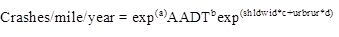 Figure 7. Equation. SPF model form for Missouri. The equation calculates crashes per mile per year as equal to the product of exponential value of a times AADT to the power of b times exponential value of open parenthesis shldwid times c plus the product of urbrur times d close parenthesis.