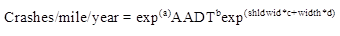 Figure 8. Equation. SPF model form for Pennsylvania. The equation calculates crashes per mile per year as equal to the product of exponential value of a times AADT to the power of b times exponential value of open parenthesis shldwid times c plus the product of width times d close parenthesis.