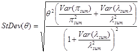 Figure 5. Equation. Standard deviation of index of effectiveness. The standard deviation of open parenthesis theta closed parenthesis equals the square root of theta squared times open parenthesis the sum of quotient of the variance of open parenthesis pi subscript sum closed parenthesis divided by the square of pi subscript sum, plus the quotient of the variance of open parenthesis lambda subscript sum closed parenthesis divided by the square of lambda subscript sum, closed parenthesis, all divided by the square of open parenthesis 1 plus the quotient of the variance of open parenthesis lambda subscript sum closed parenthesis divided by the square of lambda subscript sum, closed parenthesis.