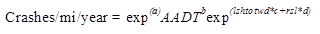 Figure 8. Equation. Form of SPFs for Wisconsin. Crashes per mile per year equals the product of the exponential value of open parenthesis a closed parenthesis times AADT to the power of b times the exponential value of open parenthesis lshtotwd times c plus the product of rsl times d closed parenthesis.