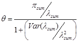 Figure 5. Equation. Index of effectiveness. Theta equals pi subscript sum divided by lambda subscript sum, end of quotient, divided by one plus the quantity quotient of the variance of lambda subscript sum, divided by lambda subscript sum squared end quotient, end quantity.