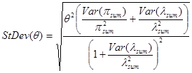 Figure 6. Equation. Standard deviation of index of effectiveness. The standard deviation of theta equals the square root of theta squared times the quantity the sum of the variance of pi subscript sum, divided by pi subscript sum squared plus the variance of lambda subscript sum divided by lambda subscript sum squared end quantity divided by the square of the quantity one plus the variance of lambda subscript sum divided by lambda subscript sum squared end quantity.