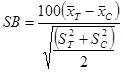 SB equals 100 times open parenthesis x-bar subscript T minus x-bar subscript C closed parenthesis divided by the square root of open parenthesis S subscript T squared plus S subscript C squared close parenthesis divided by 2.