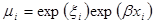 Mu subscript i equals exp times open parenthesis zeta subscript i closed parenthesis times exp times open parenthesis beta times x subscript i closed parenthesis.