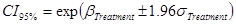 CI subscript 95% equals exp times open parenthesis beta subscript Treatment plus or minus 1.96 times sigma subscript Treatment closed parenthesis.