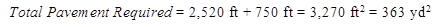 Total pavement required equals 2,520 ft plus 750 ft, which equals 3,270 ft squared, which equals equals 363.3 yd squared.