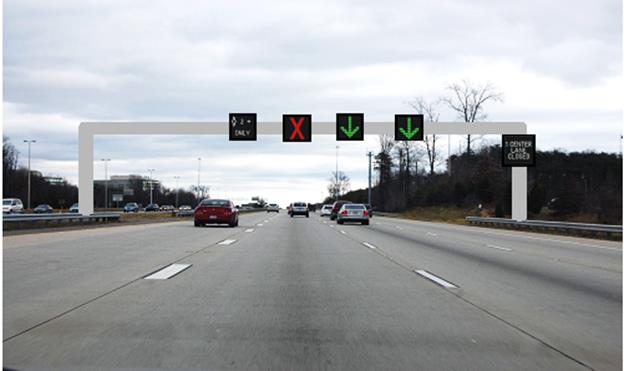 Figure 1. Photo. Example slide from the scenario sign comprehension test (sign based on Washington deployment). This photo shows a four-lane highway with active traffic management signs over each lane and a changeable message sign on the gantry to the right. From left to right, the signs show a high-occupancy vehicle restriction sign, illustrated by a diamond shape and the text "2+ ONLY"; a closed lane shown by a red X; and two lanes open to traffic shown by green arrows.