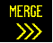 Figure 14. Graphic. Merge right sign adapted from Minnesota deployment. This figure shows a sample active traffic management sign with the yellow text "MERGE" and three chevrons pointing to the right indicating that drivers should merge to the right ahead.