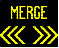 Figure 16. Graphic. Merge split sign adapted from Minnesota deployment. This figure shows a sample active traffic management sign with the yellow text "MERGE" and three chevrons pointing to the left and three pointing to the right, indicating a merge split ahead.