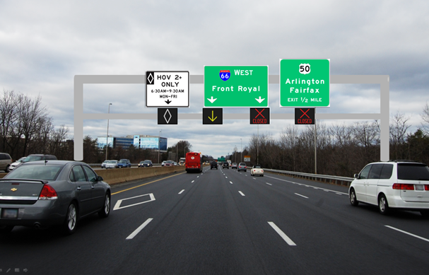 Figure 29. Photo. Picture for the two right lanes closed scenario for the Minnesota-based signs. This figure shows a four-lane highway with active traffic management (ATM) signs over each lane, mounted below the highway navigation signs. The ATM sign above the left lane shows a high-occupancy vehicle restriction sign represented by a diamond. The ATM sign above the second lane from the left shows an open lane with a yellow arrow, and the ATM signs above the two right lanes indicate lane closures with a red X.