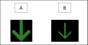 Figure 30. Screen capture. Screen used to rate preference for two lanes open LCS, where (A) similar to a symbol used in Washington and (B) similar to a symbol used in Minnesota. This figure shows a comparison of two active traffic management signs. Sign A on the left shows a thick green arrow pointing down, which indicates that the lane is open. Sign B on the right shows thin green arrow pointing down, which indicates that the lane is open.