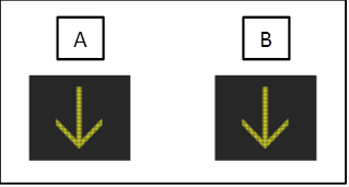 Figure 31. Screen capture. Screen used to rate preference of two lanes open with caution symbols with symbol A (left) static and symbol B (right) similar to A but cycled on and off at 1 Hz. This figure shows a comparison of two active traffic management signs. Sign A on the left shows a static yellow arrow pointing down indicating a lane closure ahead. Sign B on the right shows a yellow arrow that cycles on and off at 1 Hz. In this figure, it is in the off cycle.