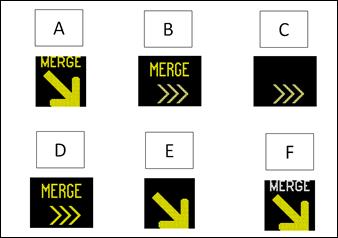 Figure 32. Screen capture. Merge right options screened for preference. This figure shows a comparison of six active traffic management signs indicating a merge right. Sign A on the top left has yellow text reading "MERGE" and a thick yellow arrow pointing diagonally down to the right. Sign B has yellow text reading "MERGE" and thin yellow streaming chevrons pointing to the right. Sign C shows only thin yellow streaming chevrons pointing to the right. Sign D has yellow text reading "MERGE" and thin yellow chevrons pointing to the right. Sign E shows only a thick yellow arrow point diagonally down to the right. Sign F has white text reading "MERGE" and a thick yellow arrow pointing diagonally down to the right.