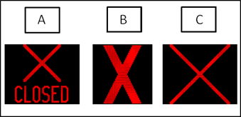 Figure 37 Screen capture. Lane closed options screened for preference ratings. This figure shows a comparison of three active traffic management signs indicating a closed lane. Sign A on the left has a thin red X above red text reading "CLOSED." Sign B in the middle has a thick red X. Sign C on the right has a thin red X.