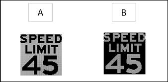 Figure 38. Screen capture. Regulatory speed limit options screened for preference ratings. This figure shows a comparison of two active traffic management speed limit signs. Sign A on the left shows "SPEED LIMIT 45" in dark text on a light background, while sign B shows "SPEED LIMIT 45" in light text on a dark background.