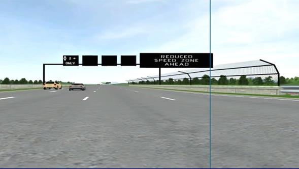Figure 50. Screen capture. ATM sign warning of a reduced speed zone ahead. This figure shows a simulation of active traffic management signs (ATMs) over a four-lane road with a changeable message sign (CMS) on the gantry to the right. The left lane shows a high-occupancy vehicle restriction sign, which is a diamond with the text â€œ2+ ONLYâ€�. For the other three lanes, the ATMs are blank. The CMS on the right reads â€œREDUCED SPEED ZONE AHEAD.â€�