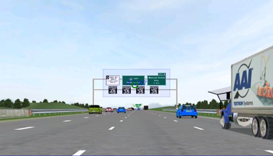 Figure 78. Screen capture. Example ATM signs for a speed reduction zone. This figure shows example active traffic management (ATM) signs for a speed reduction zone. The figure has a highlighted region of interest encompassing the ATM signs mounted beneath highway navigation and static high-occupancy vehicle restriction signs.
