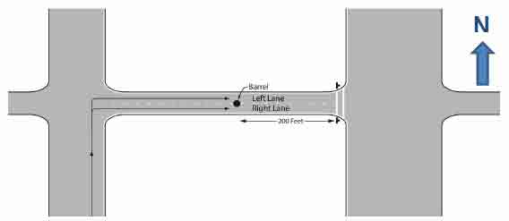 Figure 3. Illustration. Layout for the study site. This illustration shows an aerial view of the access road containing the closed-road study site. Drivers drive up to a barrel located 200 ft from the crosswalk. The crosswalk is outlined by two solid parallel lines on the pavement. There are signs and beacon assemblies on both sides of the road at the crosswalk.