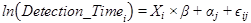 Figure 33. Equation. Natural logarithm of detection time. ln times open parenthesis Detection_Time subscript i closed parenthesis equals X subscript i times beta plus alpha subscript j plus epsilon subscript ij.