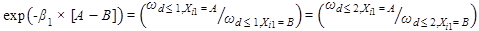 Figure 44. Equation. Odds ratio for levels A and B of variable Xi1 at a maximum level of discomfort. Exponent of open parenthesis negative beta subscript 1 times open bracket A minus B closed bracket closed parenthesis equals open parenthesis omega subscript d is less than or equal to 1, X subscript i1 equals A divided by omega subscript d is less than or equal to 1, X subscript i1 equals B closed parenthesis equals open parenthesis omega subscript d is less than or equal to 2, X subscript i1 equals A divided by omega subscript d is less than or equal to 2, X subscript i1 equals B closed parenthesis.