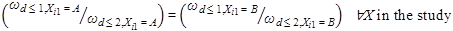 Figure 45. Equation. Revised odds ratio. Open parenthesis omega subscript d is less than or equal to 1, X subscript i1 equals A divided by omega subscript d is less than or equal to 2, X subscript i1 equals A closed parenthesis equals open parenthesis omega subscript d is less than or equal to 1, X subscript i1 equals B divided by omega subscript d is less than or equal to 2, X subscript i1 equals B closed parenthesis. Text to the right of equation says for all X in the study.