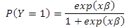 Figure 1. Equation. Logistic model. Probability that open parenthesis Y equals 1 closed parenthesis is equal to exponential value of open parenthesis x times beta closed parenthesis divided by the sum of 1 plus the exponential value of open parenthesis x times beta closed parenthesis.