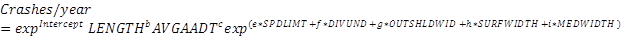 Figure 18. Equation. Florida rural arterial crashes per year using total traffic counts. Crashes per year equals the product of exponential value of intercept times length to the power of b times AVGAADT to the power of c times exponential value of open parenthesis e times SPDLIMT plus f times DIVUND plus g times OUTSHLDWID plus h times SURFWIDTH plus i times MEDWIDTH closed parenthesis.