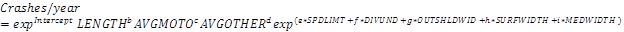 Figure 19. Equation. Florida rural arterial crashes per year using separate traffic counts. Crashes per year equals the product of exponential value of intercept times length to the power of b times AVGMOTO to the power of c times AVGOTHER to the power of d times exponential value of open parenthesis e times SPDLIMT plus f times DIVUND plus g times OUTSHLDWID plus h times SURFWIDTH plus i times MEDWIDTH closed parenthesis.