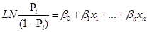 Figure 2. Equation. Logistic model parameter estimation. The natural logarithm of the value of P subscript i divided by the sum of open parenthesis 1 minus P subscript i closed parenthesis is equal to the sum of beta subscript 0 plus beta subscript i times x subscript i summing up to beta subscript n times x subscript n.