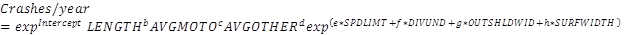 Figure 22. Equation. Florida urban arterial crashes per year using separate traffic counts. Crashes per year equals the product of exponential value of intercept times length to the power of b times AVGMOTO to the power of c times AVGOTHER to the power of d times exponential value of open parenthesis e times SPDLIMT plus f times DIVUND plus g times OUTSHLDWID plus h times SURFWIDTH closed parenthesis.