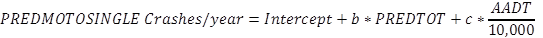 Figure 32. Equation. Florida type A2 motorcycle single-vehicle crash model. Predicted single-vehicle motorcycle crashes per year equals the sum of intercept plus b times PREDTOT plus c times AADT divided by 10,000.