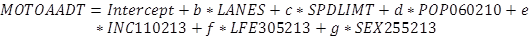 Figure 35. Equation. Type A3 model form example. Motorcycle AADT equals the sum of intercept plus b times LANES plus c times SPDLIMT plus d times POP060210 plus e times INC110213 plus f times LFE305213 plus f times SEX255213.