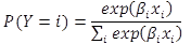 Figure 4. Equation. Multinomial logistic model. Probability that open parenthesis Y equals I closed parenthesis is equal to exponential of the product of open parenthesis beta subscript i times x subscript i closed parenthesis divided by the summation over all i of the exponential of the product of open parenthesis beta subscript i times x subscript i closed parenthesis.