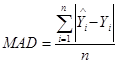 Figure 7. Equation. MAD. Mean absolute deviation equals the summation of n through i equals 1 open absolute value Y hat sub 1 minus y sub i close absolute value divided by n.