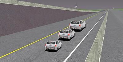 This figure depicts a Ponzo illusion. There are three identical sport-utility vehicles shown one behind the other from a perspective of above and behind slightly to the right. The vehicles are in a travel lane with a yellow edge line on the left and a white edge line on the right. The edge lines converge in the horizon. The first vehicle in the front appears to be much larger than the vehicle behind it, which appears larger than the vehicle behind it. If a ruler is used to measure the size of the three vehicles, it will be discovered that each vehicle has exactly the same dimensions. The visual illusion caused by the converging lines that causes objects closer to the horizon to appear larger is called a Ponzo illusion.