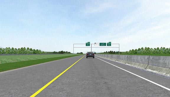 This figure shows a typical section of the simulated roadway. There is a vehicle in the middle of a single-lane road with a solid yellow line on the left and a solid white line on the right. A type-F barrier is 4.0 ft (1.2 m) to the right of the white line. A paved shoulder extends 8.0 ft (2.4 m) to the left of the yellow line. A neatly mowed grass median is to the left of the shoulder. In the distance, navigation signs can be seen on a gantry that extends over the entire roadway.