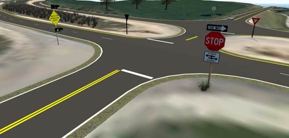 Figure 2. Illustration. ICWS warning installation at stop sign at intersection with four-lane divided highway. This illustration is an overhead view of a four-lane divided intersection with a visible stop sign and one-way sign at one corner of the intersection and a yellow diamond intersection conflict warning system setup at another corner facing the opposite direction. On the other side of the intersection is a yield sign.