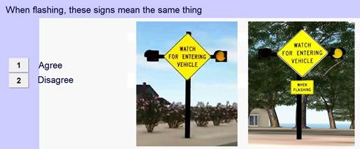 Figure 13. Screenshot. Screen examining comprehension of ICWS signs with placard when the beacons are flashing. This screenshot shows two side-by-side intersection conflict warning system yellow diamond signs that read, “WATCH FOR ENTERING VEHICLE,” that have beacons on both sides (one of which is lit for each sign). Below the diamond sign on the right is a square yellow placard that reads, “WHEN FLASHING.” At the top of the screen, there is a statement that reads, “When flashing, these signs mean the same thing.” At the left side of the screen, there are buttons for the user to press to indicate whether they agree or disagree with that statement.