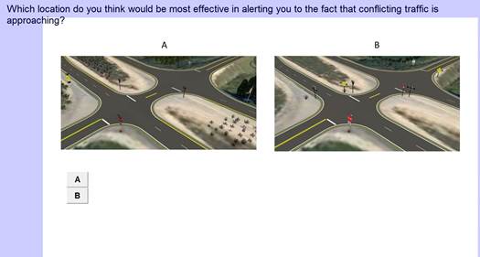 Figure 24. Screenshot. Screen from which participants indicated which sign placement they thought would be most effective. This screenshot features two side-by-side depictions of a minor road intersecting with a four-lane divided highway. The left picture (labeled as “A”) shows STOP and WATCH FOR APPROACHING TRAFFIC signs. At the top of the screen is the statement, “Which location do you think would be most effective in alerting you to the fact that conflicting traffic is approaching?” At the bottom of the screens are buttons for the user to push to indicate whether they prefer location A or location B.