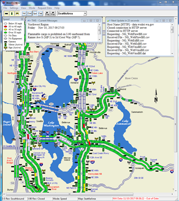 This map shows the web flow traffic in Seattle, WA. It was developed by the Washington State Department of Transportation. On the top of the map, there is a box showing the date and time November 10, 2017 09:27:03 so users know the date and time of the traffic conditions being shown. There is a legend that indicates that black shows the presence of cameras, red means 30 to 40, yellow means 40 to 50, and green means over 50 miles per hour. White means no data, and gray means no equipment. The map is showing mostly green conditions with small pockets of red and yellow