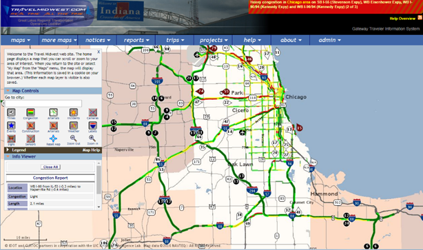This screenshot shows the homepage of the TravelMidwest website, which provides access to information, including cameras, variable message signs, and other data from multiple agencies across Wisconsin, Illinois, and Indiana. At the top of the page, there are links to access drop-down menus labeled “maps,” “more maps,” “notices,” “reports,” “trips,” “projects,” “help,” “about,” and “admin.” The homepage shows a large map of the Milwaukee, WI/Chicago, IL/Gary, IN, area. The following pop-up message is shown: “Welcome to the Transit Midwest website. The home page displays a map that you can scroll or zoom to your area of interest. When you return to the site or select ‘My Map’ from the ‘Maps’ menu, the map will display that area. (This information is saved in a cookie on your browser.) Whether each map layer is visible is also saved.” Below the message, there is a box labeled “Map Controls.” Users can enter a city name or select various buttons for the type of information they would like to see. Below that, there is a legend tab that is not expanded. Below the legend tab is a tab labeled “Info Viewer.” The category “Congestion Report” is visible with information about the location, congestion, and length. 