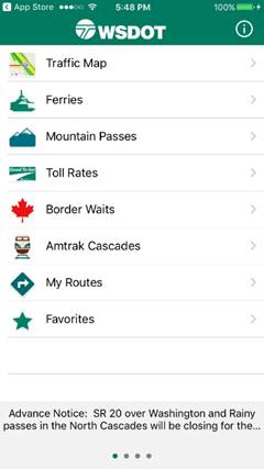 This screenshot shows the home screen of the WSDOT mobile app. The screen shows the following seven thumbnails: traffic map, ferries, mountain passes, toll rates, border waits, Amtrak cascades, my routes, and favorites. At the bottom of the screen, a message alerts users, “Advance Notice: SR 20 over Washington and Rainy passes in the North Cascades will be closing…”.