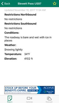 This screenshot shows a page within the WSDOT’s mobile app. At the top, the screen reeds “Blewett Pass US97.” Below it, the text reads, “Updated November 10, 2017 11:54 AM.” This screen reports on restrictions, roadway conditions, weather, temperature and elevation. Blewett Pass US97 has no restrictions north or southbound. Roadway conditions are “bare and wet with ice in places.” The weather is Snowing lightly. The temperature is 34 degrees Fahrenheit, and the elevation is 4102 feet. 