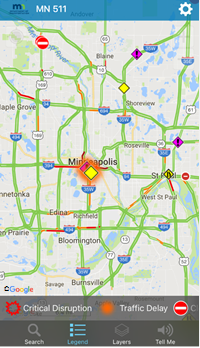 This screenshot shows a page from the Minnesota Department of Transportation’s 511 mobile app. The screen shows a Google® map that has various symbols on it, including yellow diamonds and purple diamonds with exclamation points. Below, there are three buttons for search, legend, and layers. The legend button is selected. It indicates that a red circle with a white horizontal line in the middle indicates a closure, an orange circle indicates traffic delays, and an irregular, hollow red circle indicates a critical disruption.