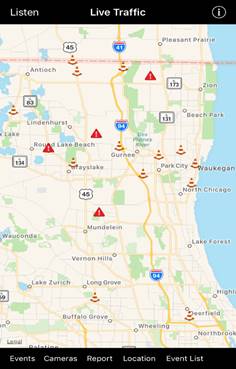 This screenshot shows a page from the Lake County, IL, PASSAGE mobile app. The page shows a Google® map labeled “Live Traffic” at the top. There is also a button on the top left labeled “Listen” and a button on the top right labeled “i” for information. On the bottom of the screen, from left to right, are buttons labeled “Events,” “Cameras,” “Report,” “Location,” and “Event List.”