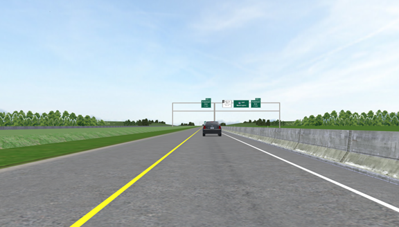 This figure shows a screen capture of a typical section of the simulated roadway. The back end of a gray sport-utility vehicle is shown in the distance in the middle of a single freeway lane. The lane has a yellow edge line on the left and a white edge line on the right. There is a concrete barrier a short distance to the right of the right edge line. To the left of the left edge line is a breakdown lane. To the left of the breakdown lane is a grassy median.