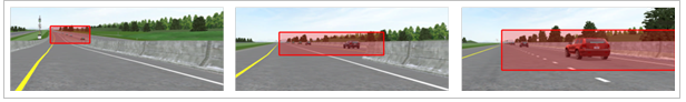 This composite screenshot shows the progression of the dynamic region of interest (ROI). As the perspective of the driver moves from the top of the onramp toward the merge area, the red highlighted ROI moves from the center of the field of view to the right of the field of view. The highlighted area of the dynamic ROI begins small as the driver is at the top of the onramp (left), grows to a medium size as the driver is approaching the main travel lane (center), and encompasses the entire travel lane as the driver merges (right). The ROI captures where a driver might look to determine whether there were potentially conflicting vehicles during a merge.